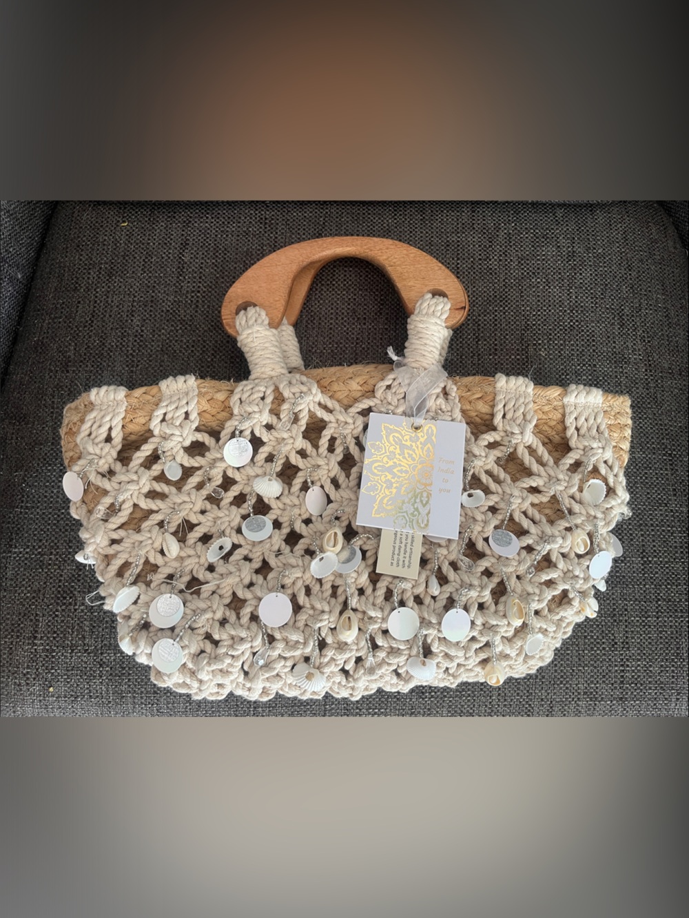 Viral Cream and Tan crochet bag with sequins, sea shells 🐚 and Wooden Handles